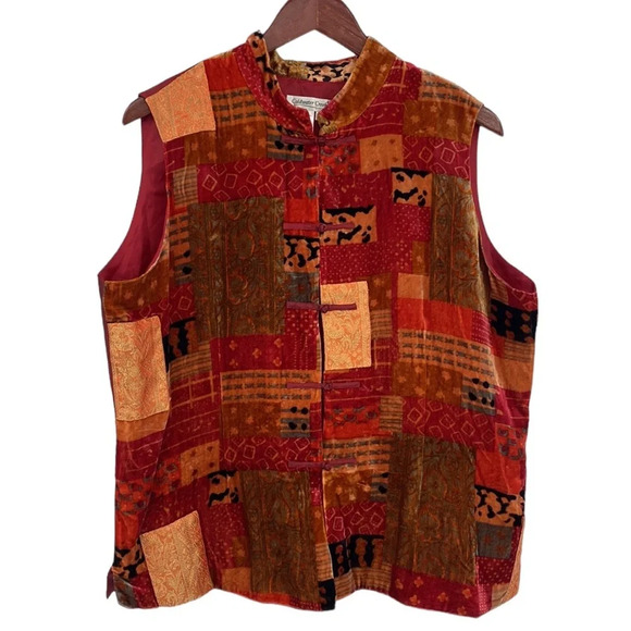 Coldwater Creek Vest Jacket Womens Size PXL Velvet Red Orange Patchwork Silk - Picture 1 of 9
